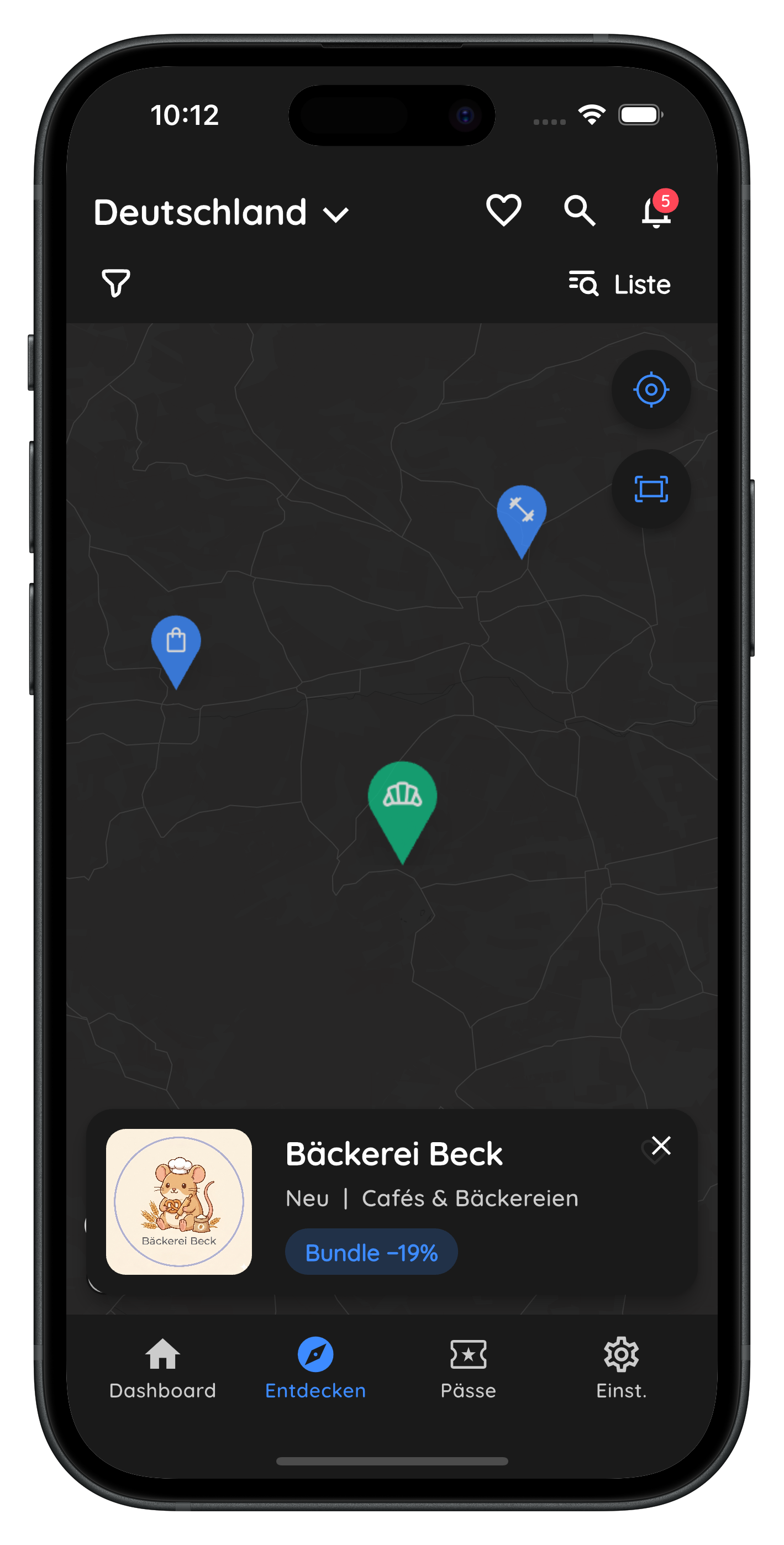 Die Loofy-App zeigt eine Karte mit lokalen Geschäften: die Bäckerei Beck ist als Pin markiert und bietet ein Bundle mit −19 %.