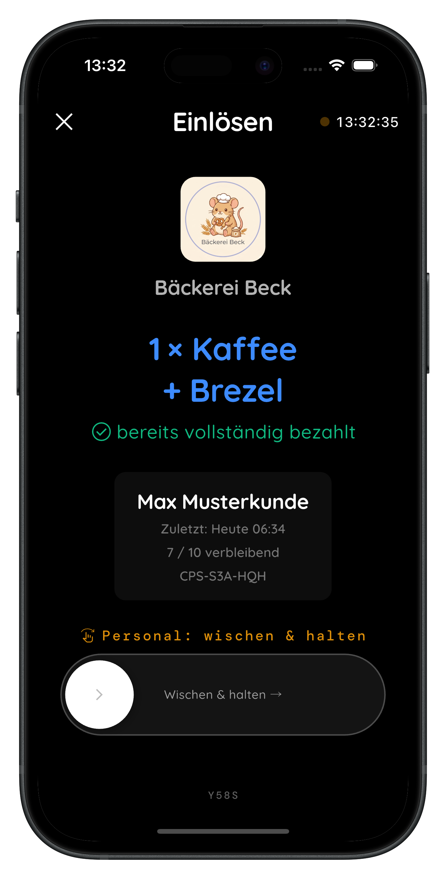Die Loofy-App beim Einlösen: Ein Pass der Bäckerei Beck wird mit „Wischen & halten“ bestätigt.
